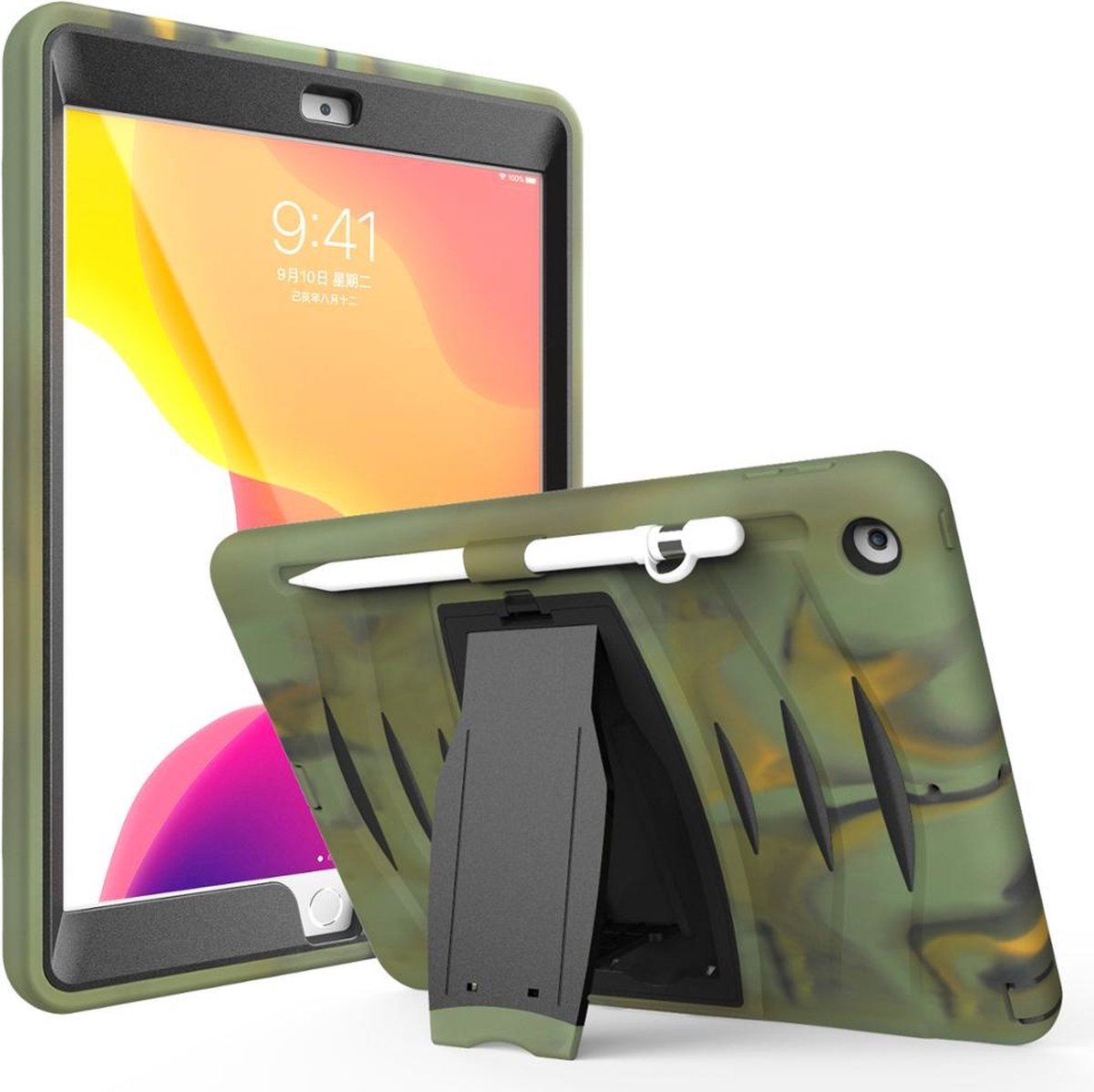 Hoes Protector met Ingebouwde Screen Protector Geschikt Voor Apple iPad Air 2024 (11 Inch) / Air 2020/2022 (10.9 Inch) - Shockproof Case Cover - Hoesje Met Standaard - Extra Beschermend - Army