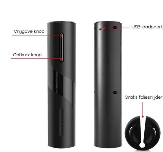 Zwarte elektrische kurkentrekker met USB-poort en foliesnijder.