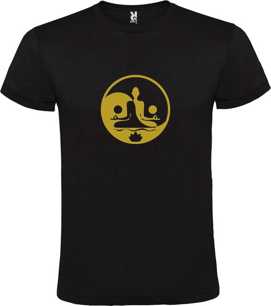 Zwart  T shirt met  print van  "mooie Boeddha in Yin Yang cirkel in meditatiehouding / Zen" print Goud size XL