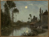 Kunst: Stanislas Lépine, Moonlit River, c. 1866–70, Schilderij op canvas, formaat is 75X100 CM