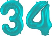 Folieballon 34 jaar metallic pastel aqua mat 86cm