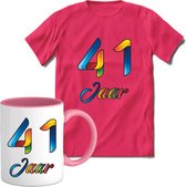 41 Jaar Vrolijke Verjaadag T-shirt met mok giftset Roze | Verjaardag cadeau pakket set | Grappig feest shirt Heren – Dames – Unisex kleding | Koffie en thee mok | Maat S