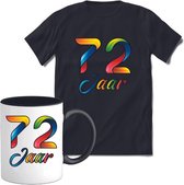 72 Jaar Vrolijke Verjaadag T-shirt met mok giftset Zwart | Verjaardag cadeau pakket set | Grappig feest shirt Heren – Dames – Unisex kleding | Koffie en thee mok | Maat 3XL