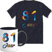 81 Jaar Vrolijke Verjaadag T-shirt met mok giftset Zwart | Verjaardag cadeau pakket set | Grappig feest shirt Heren – Dames – Unisex kleding | Koffie en thee mok | Maat L