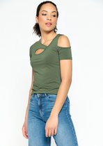 LOLALIZA T-shirt met uitsnedes - Khaki - Maat L