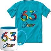 63 Jaar Vrolijke Verjaadag T-shirt met mok giftset Blauw | Verjaardag cadeau pakket set | Grappig feest shirt Heren – Dames – Unisex kleding | Koffie en thee mok | Maat L