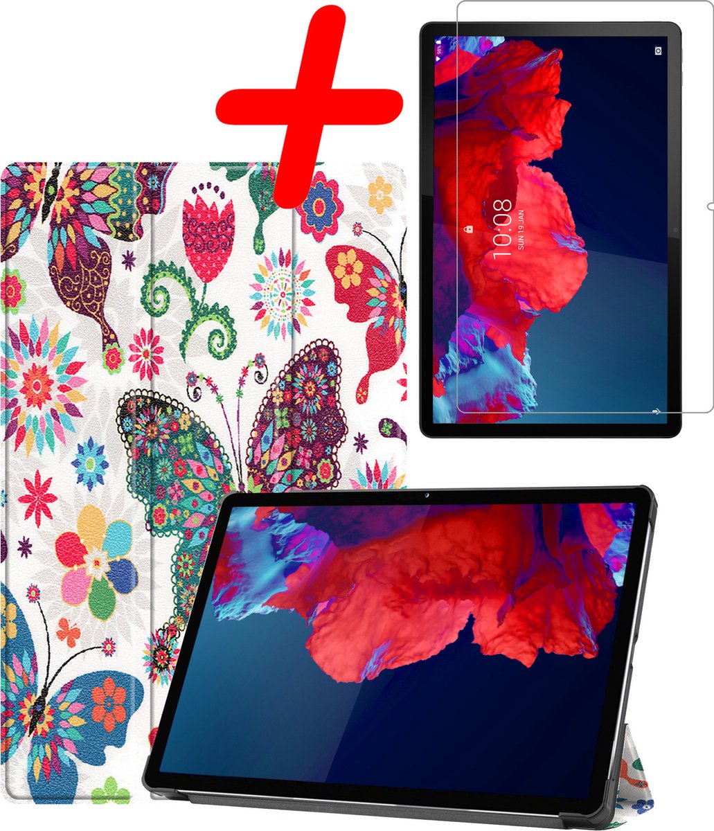 Hoesje Geschikt voor Lenovo Tab P11 - Met Screenprotector - Trifold Bookcase - Hard Cover - Hardcover Book Case - Tablet Hoes - Vlinders