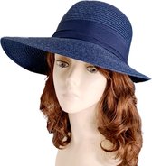 Mooie Dames Zonnehoed Blauw met strikje- Strohoed- Hoed UV bescherming - One size Verstelbaar en Opvouwbaar- One Size-Buitenreizen |Vakantie |Strand| Varen