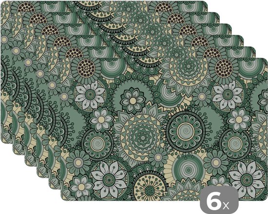 Placemat - Placemats kunststof - Bloemen - Groen - Patronen - 45x30 cm - 6 stuks - Hittebestendig - Anti-Slip - Onderlegger - Afneembaar