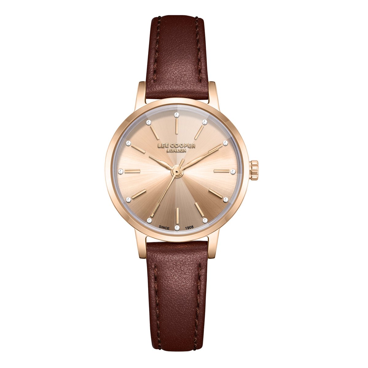 Lee Cooper LC08242.472 - Horloge - Polshorloge - Analoog - Dames - Vrouwen - Leren band - Metaal - Rond - Strepen - Bolletjes - Bruin - Rosékleurig - Zwart