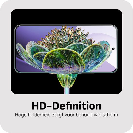 Smartphone met een HD-definitie screenprotector die een levendige, kleurrijke bloem toont. Hoge helderheid behoudt schermkwaliteit.