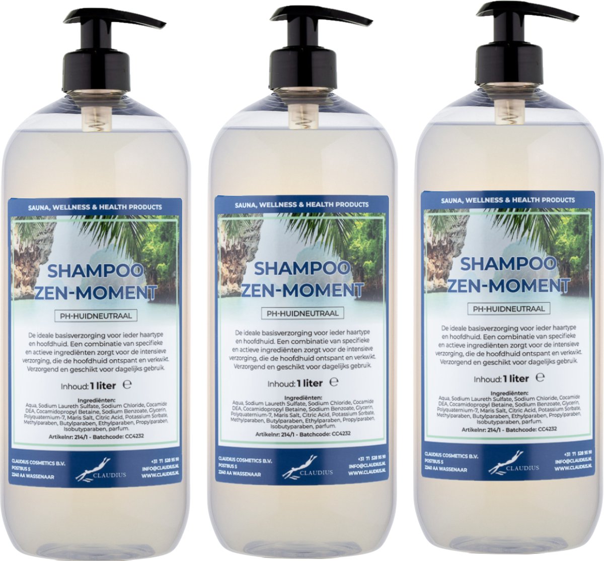Shampoo Zen Moment - 1 liter (transparant) - 3 Stuks - met pompen - Voordeelverpakking - Haarverzorging