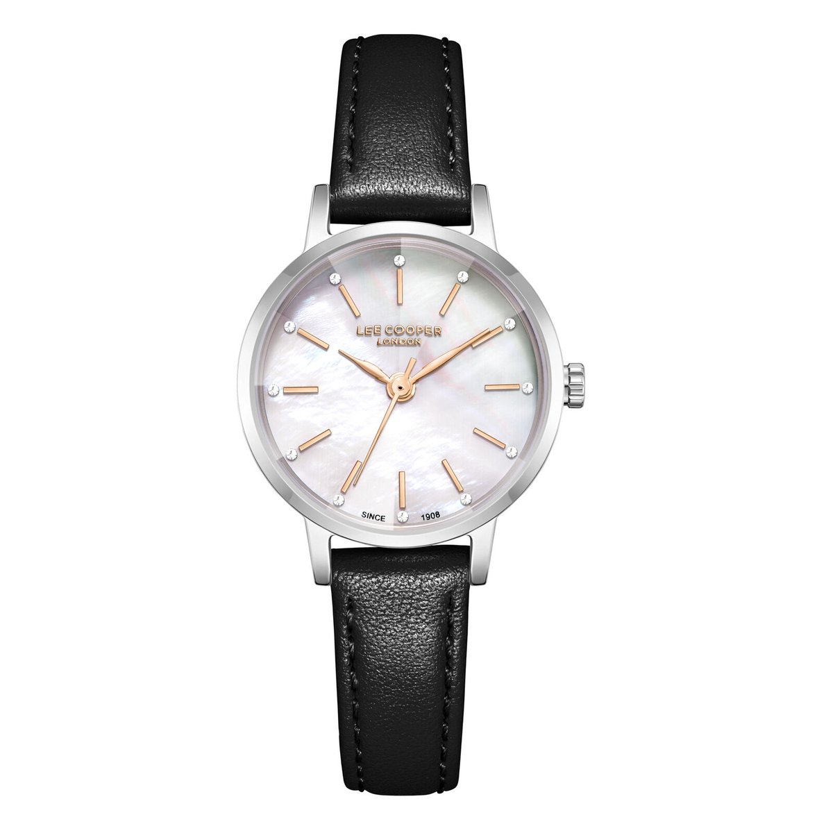 Lee Cooper LC08242.331 - Horloge - Polshorloge - Analoog - Dames - Vrouwen - Leren band - Metaal - Rond - Strepen - Bolletjes - Zwart - Zilverkleurig - Rosékleurig - Wit