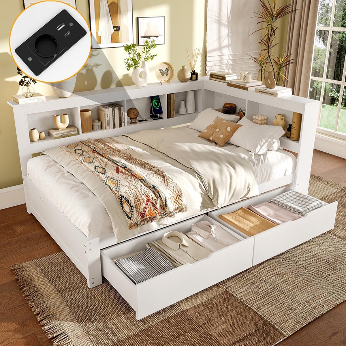 Pugsdrly Dagbed, 140 x 200 cm, slaapbank, dagbed met twee lades, met stopcontact en 2 USB-poorten, bed met lattenbodem (zonder matras), spaanplaat, wit