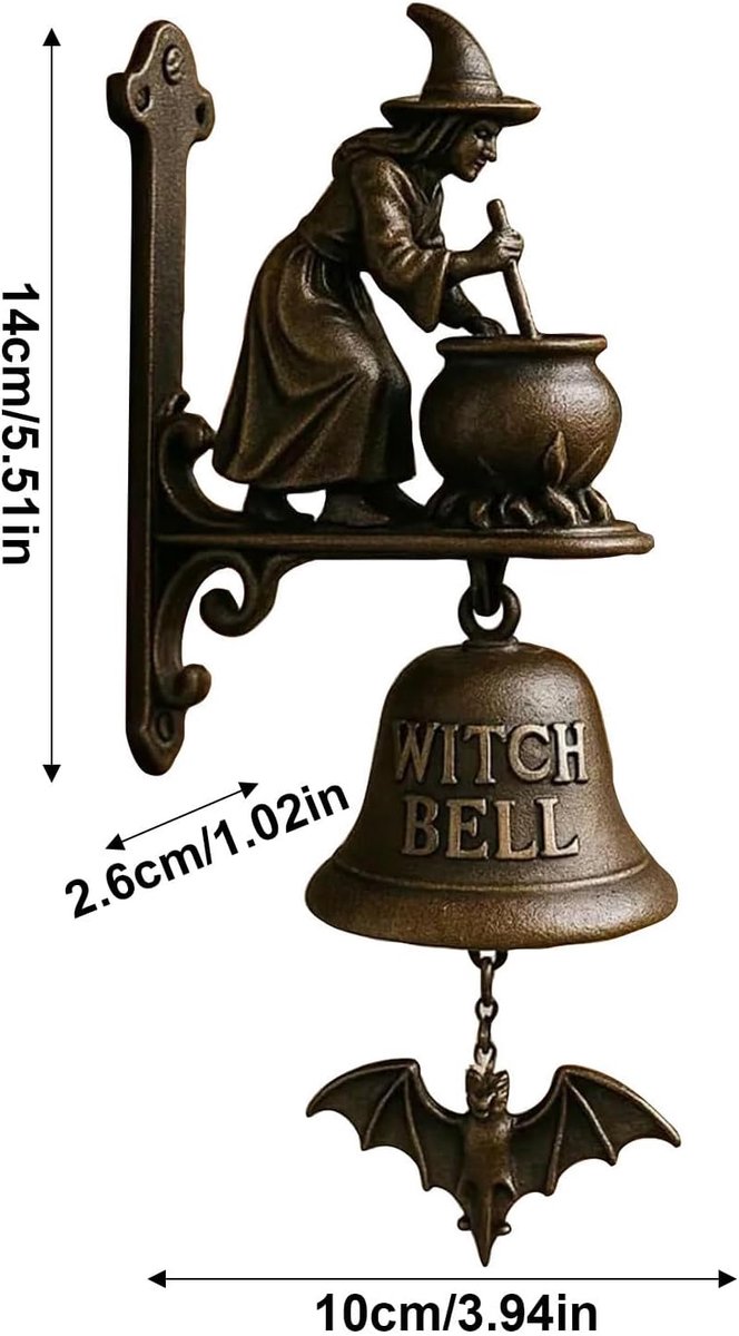 Heksen Deurbel - Deurklok Heks - Halloween Decoratie - Gietijzeren Constructie - 25 cm - Brons — afbeelding 4
