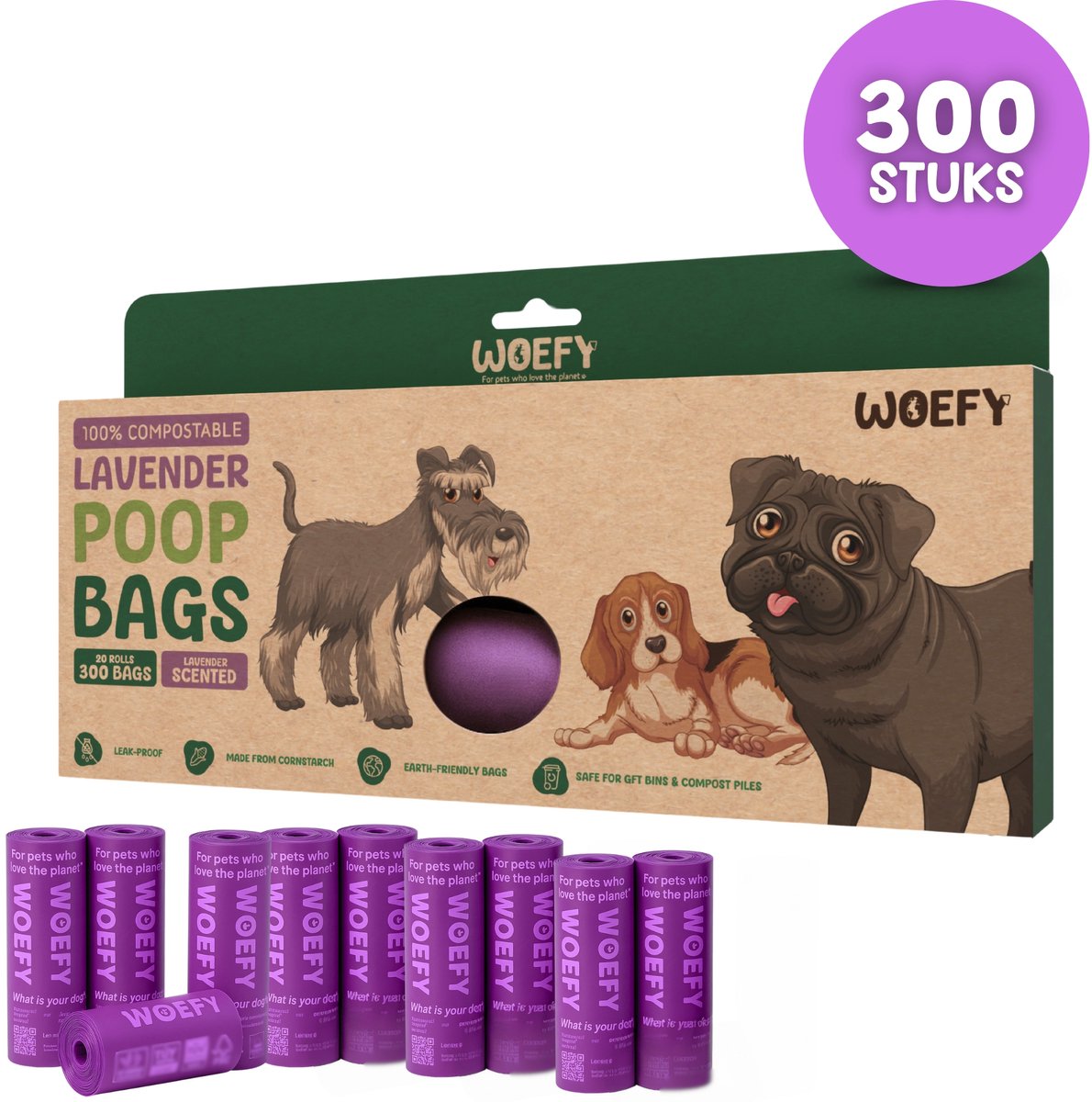 Woefy - Hondenpoepzakjes met Lavendel Geur - 100% Biologisch Afbreekbaar - 300 Stuks - Hond - Officieel Gecertificeerd