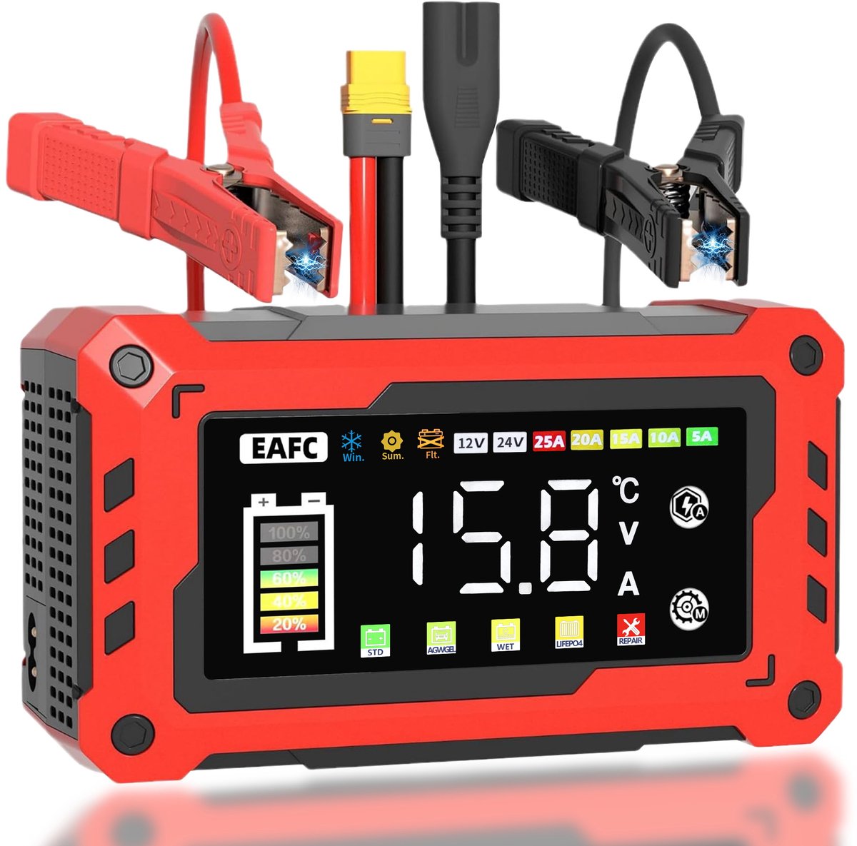 EAFC Grote 25A/15A 12V/24V slimme auto-acculader voor AGM GEL loodzuur LiFePO4 accu snellader met autobooster - Reparatiemodus - Druppellader - Accu Lader voor Auto / Motor / Scooter / Boot / Camper