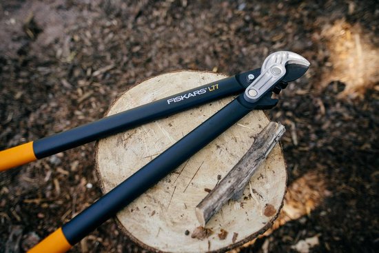 Fiskars L77 takkenschaar op een houten boomstronk met een takje.