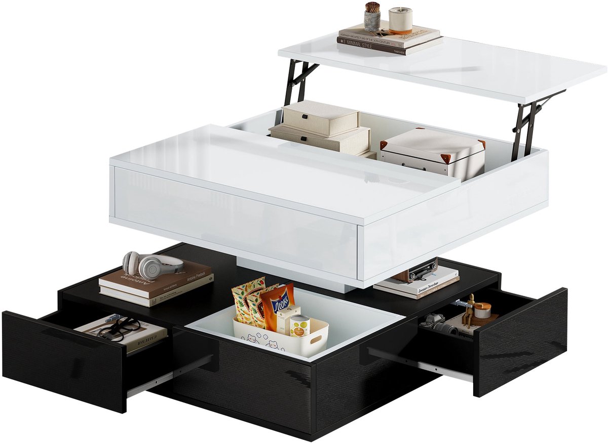 Merax Salontafel - 70x70x40 cm - Woonkamer Tafel met 360° Draaibaar Tafelblad - Verstelbare Lift-Top Functie - 3 Lades en Verborgen Opbergruimte - Hoogglans Wit/Zwart
