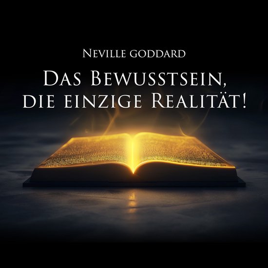 Un livre ouvert avec une lueur dorée, portant le texte 'DAS BEWUSSTSEIN, DIE EINZIGE REALITÄT!'