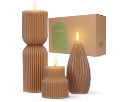 VIECHIC Luxe LED Kaarsen Set – 3 Ribbelkaarsen van Echte Wax – Beige – Flikkerend Vlam Effect – Timer – Veilig & Sfeervol
