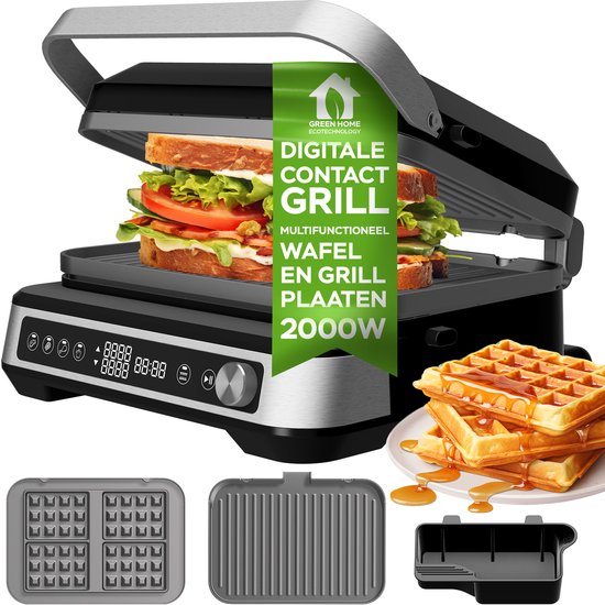 Turbotronic CG1W Contactgrill contactgrill met uitneembare platen - BPA Vrij - Panini Grill - 180º Uitklapbaar - Tosti apparaat Zwart - Wafelijzer