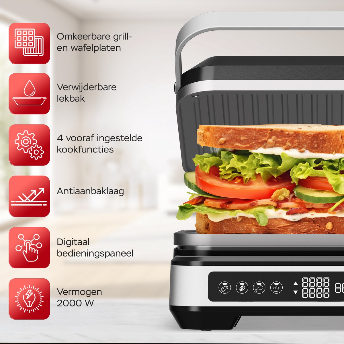 Turbotronic CG1W Contactgrill contactgrill met uitneembare platen - BPA Vrij - Panini Grill - 180º Uitklapbaar - Tosti apparaat Zwart - Wafelijzer thumbnail 2