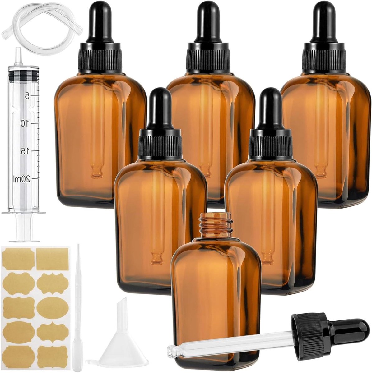 Allecto plus - Druppelflessen bruin glas set van 6 stuks, 50 ml - incl. 5 hulpaccessoires - apothekersflessen met pipet - voor etherische oliën, vloeibare kleurstoffen, parfumoliën