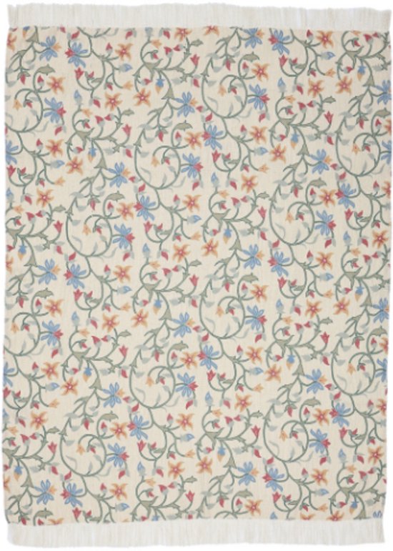 Urbane Hide | Artistieke Geborduurde Bloemen Plaid | Sierplaid | 130x170cm | plaid met Kwastje |100% Polyester | Crème
