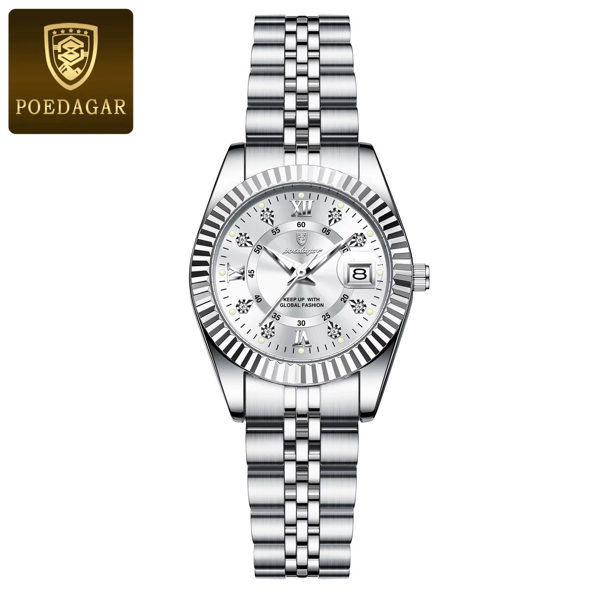 POEDAGAR 780 dameshorloge (Zilver Wit) | Rond Dames Polshorloge | Luxe Quartz Horloge | Waterdicht Lichtgevende -Kwarts Horloges RVS Band Met Lichtgevende Wijzers, Datumweergave, Blauwe Wijzerplaat, Perfect Voor Zakelijk En Casual| ⌀ 28mm