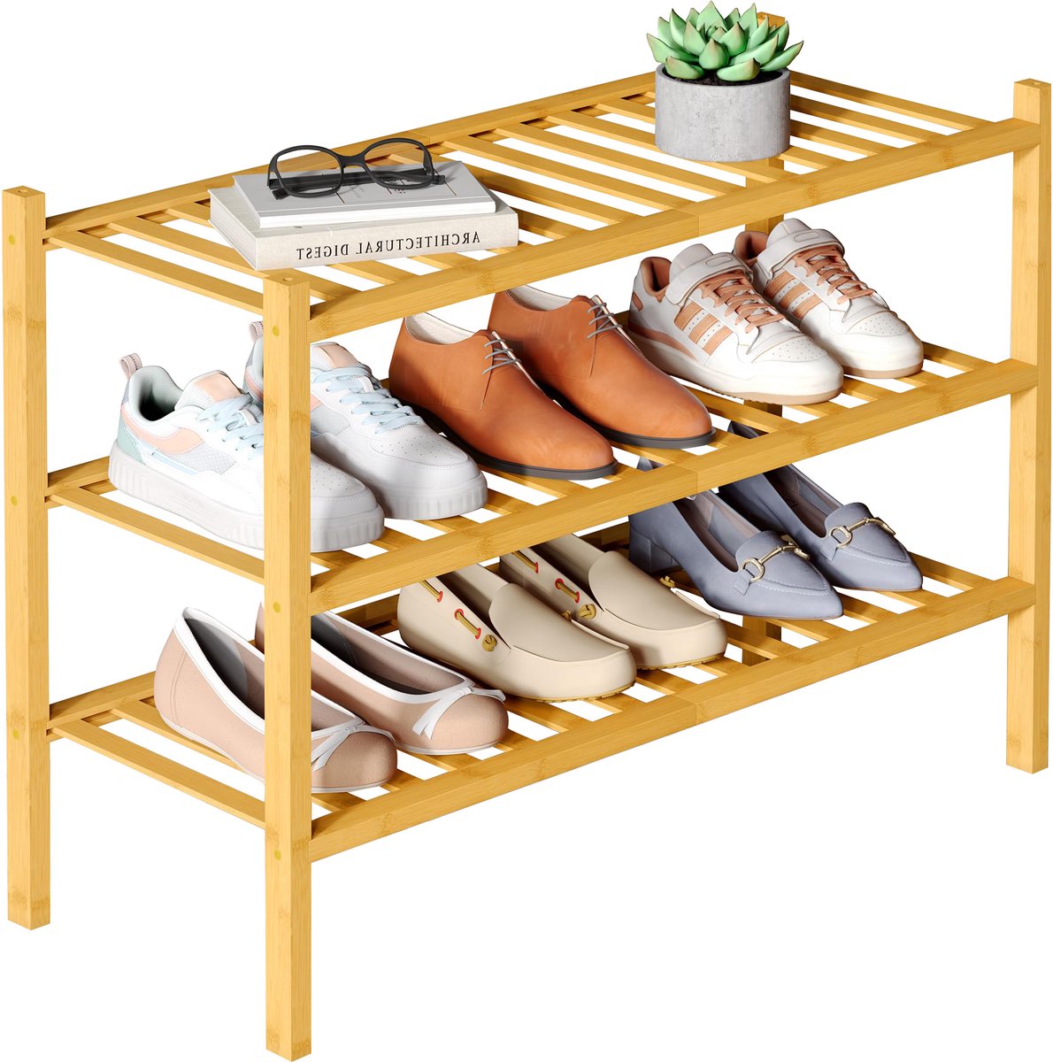 Smiry Schoenenrek - 3 Lagen - Bamboe Schoenenrek - Bamboe Schoenenkast -Voor 12 paar schoenen- 68x28x46.5cm - Bamboe - Houtkleur