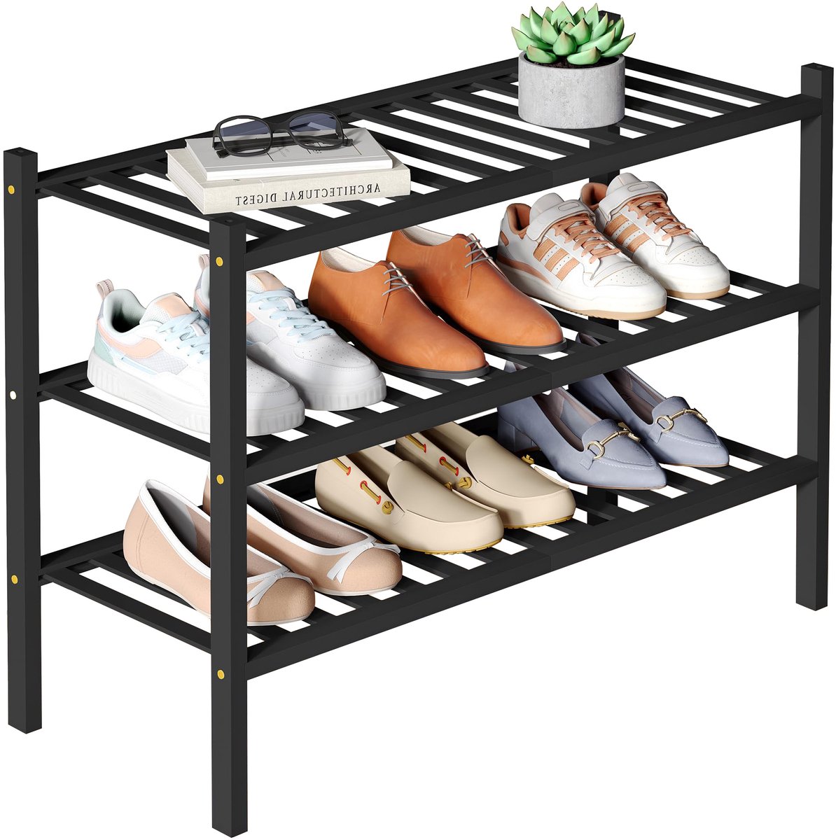 Smiry Schoenenrek - 3 Lagen - Bamboe Schoenenrek - Bamboe Schoenenkast -Voor 12 paar schoenen- 68x28x46.5cm - Bamboe - Zwart