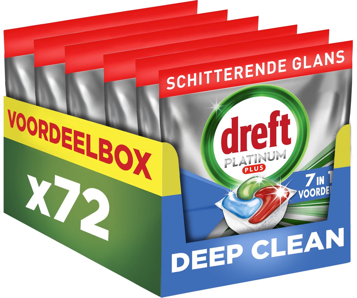 Dreft Platinum Plus All In One Vaatwastabletten - Deep Clean Technologie - 72 Capsules - Voordeelbox — afbeelding 1