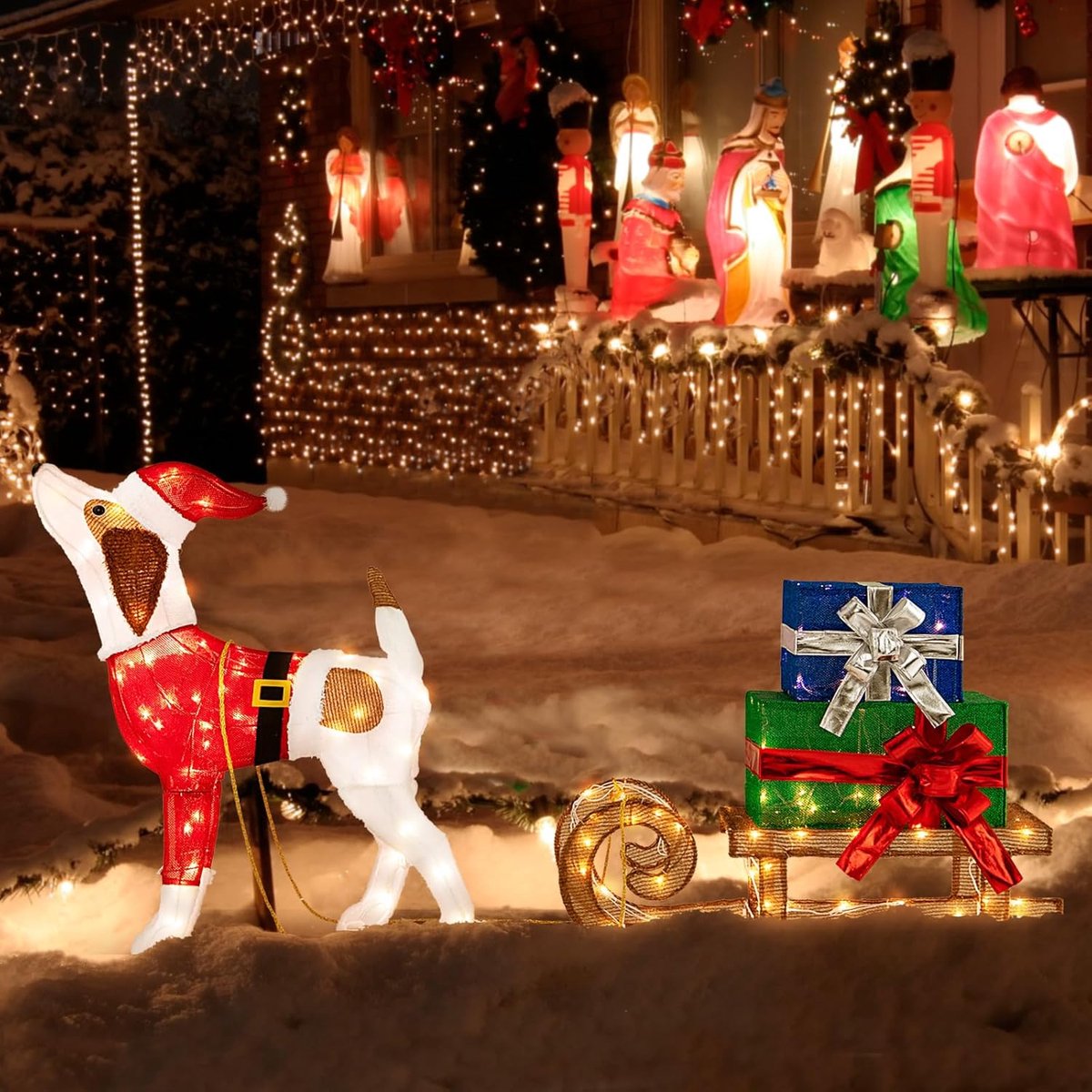 COSTWAY Led-hond met slee en geschenkdozen, kerstdecoratie voor buiten en binnen, kerstfiguur met 170 warme ledlampen, kerstdecoratie, kerstverlichting, figuren buiten