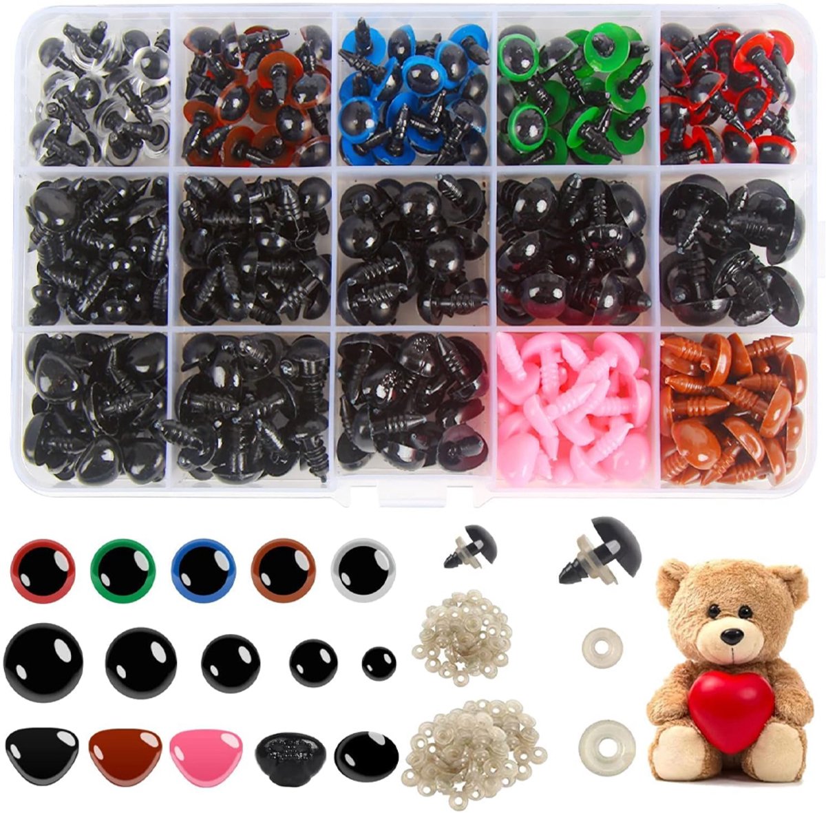 OUYLAF Veiligheidsoogjes - Veiligheidsneusjes - vulling voor knuffels - Sluitringen - 560Stuks - Multicolor - Gekleurde Veiligheidsoogjes