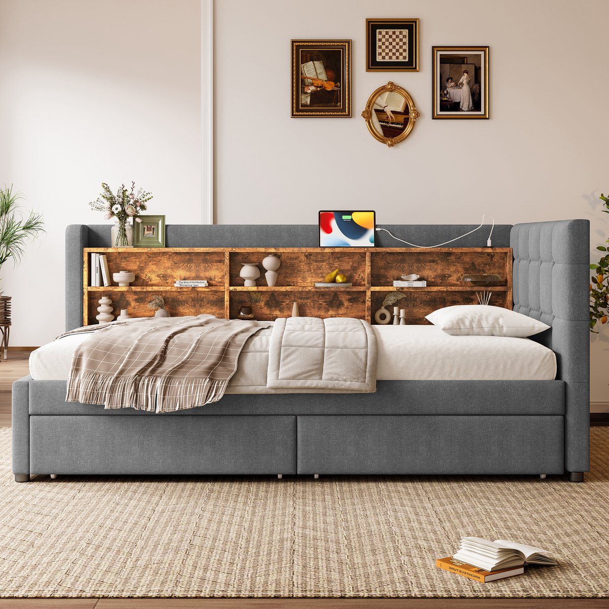 Merax Slaapbank 90x200 cm met 2 lades met USB Type-C - Meerdere opbergvakken - zonder matras - grijs