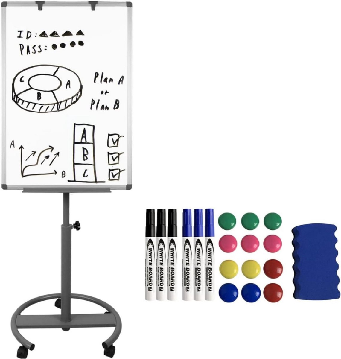 CLVP® Whiteboard op Wielen - Flipover Notitiebord - Verstelbaar - Magnetisch