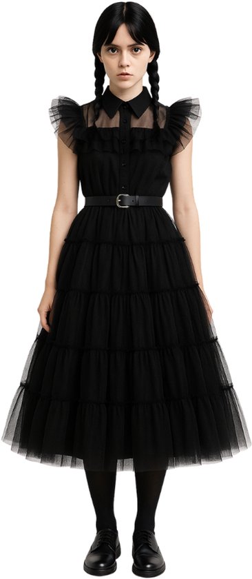 Joya Kids® Wednesday Verkleed Jurk Volwassenen | Gothic Jurk Halloween en Carnaval | Zwarte Verkleedjurk met Tulle | Kostuum Volwassenen Vrouw | Maat L