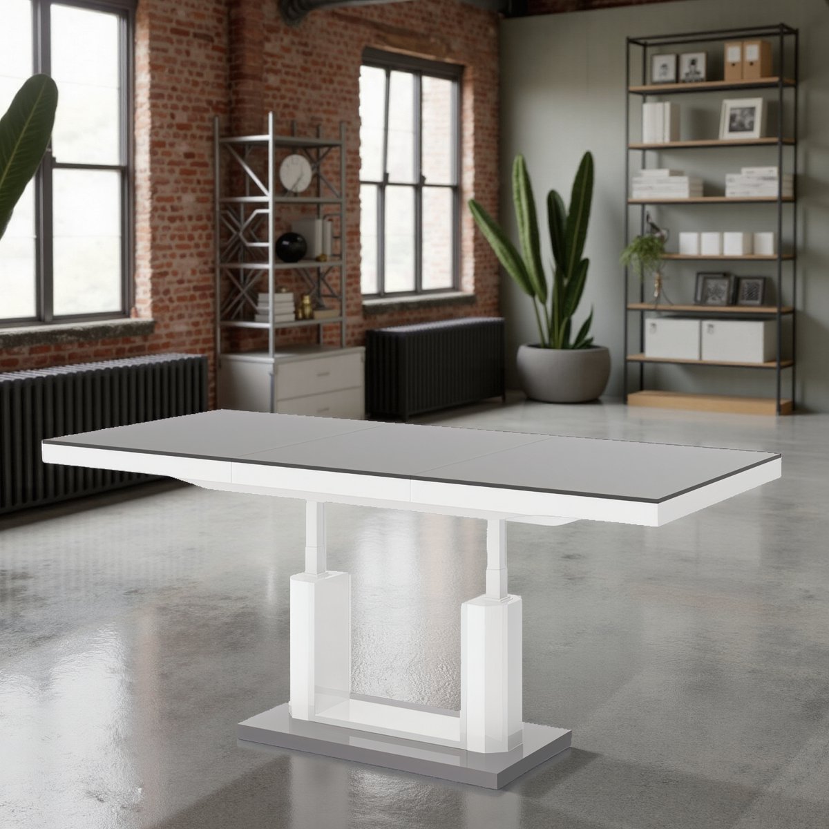 Luxe Inklapbare Salontafel tot Eettafel – Uitschuifbare Multifunctionele Tafel – Hoogglans Grijs/Wit – 120-170 x 75 x 56-76 cm – Modern & Ruimtebesparend ganeey