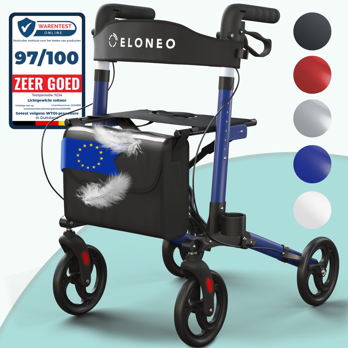 ELONEO Rollator – Lichtgewicht & Opvouwbaar - Binnen&Buiten - met Rugleuning - Wandelstokhouder -Tas