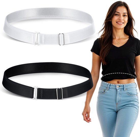 Lot de 2 ceintures élastiques réglables pour femmes, ceintures à chemises, ceintures à chemises pour femmes, ceintures à chemises courtes, parfaites pour clipser des chemises, des pulls, etc.