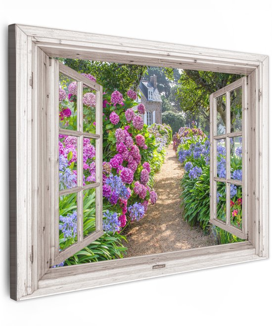 Tuinschilderij voor buiten 100x70 cm - Tuindecoratie Hortensia - Doorkijk - Bloemen - Zomer - Paars - Pad - Tuinposter op canvas - Tuin muurdecoratie - Buitenschilderij decoratie - Schutting wanddecoratie - Buitencanvas