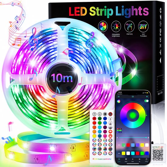 Bandeau LED 10m multicolore avec télécommande et application. Fonction musique, luminosité réglable, modes DIY.