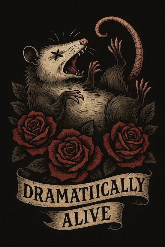 Opossum avec la bouche ouverte, entouré de roses rouges et d'une bannière 'Dramatically Alive'.