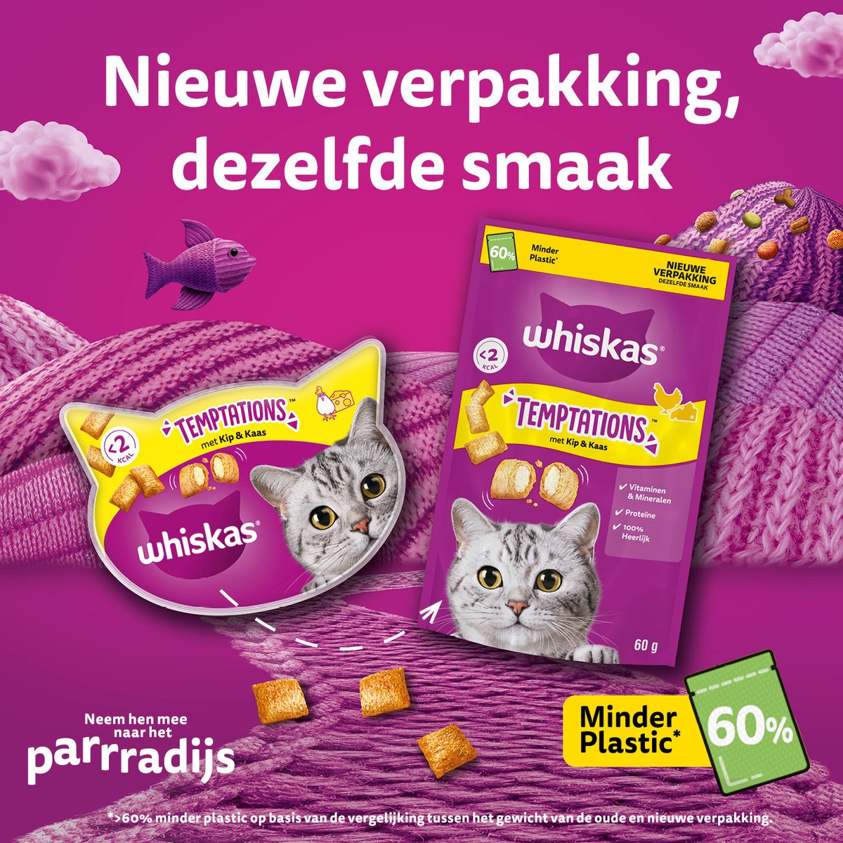 Whiskas Temptations Kattensnacks - Kip en Kaas - 8 x 60 gr