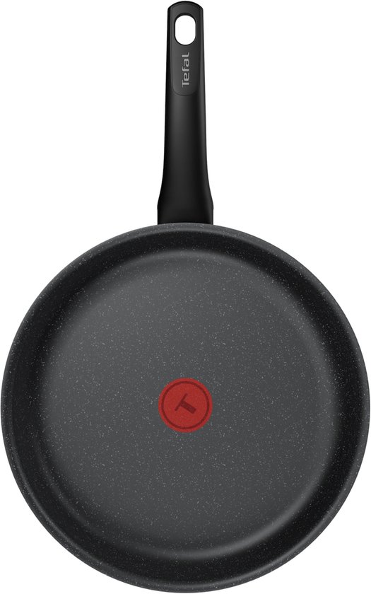 Zwarte Tefal koekenpan met antiaanbaklaag en rood T-logo in het midden.