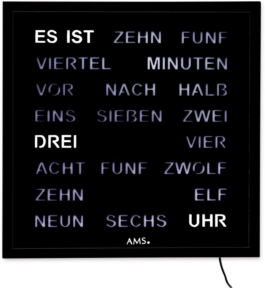 Intertime woordklok 40x 40cm - zwart / wandklok / tijd in woorden / adapter Duitse Tekst