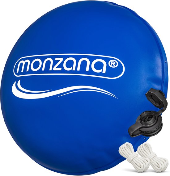 Coussin de piscine bleu avec logo Monzana, incluant valve et cordes.