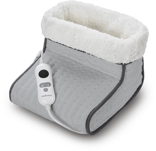 Grijze, zachte voetverwarmer met witte teddy voering en afneembare controller.