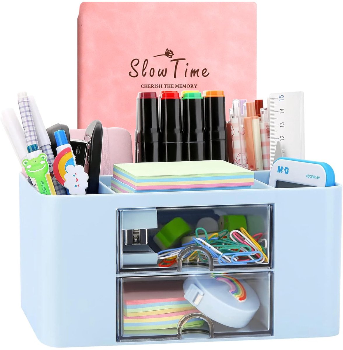 Kunststof Bureau-organizer - Multifunctioneel met 6 vakken en lade - Voor school, kantoor en thuis - Blauw